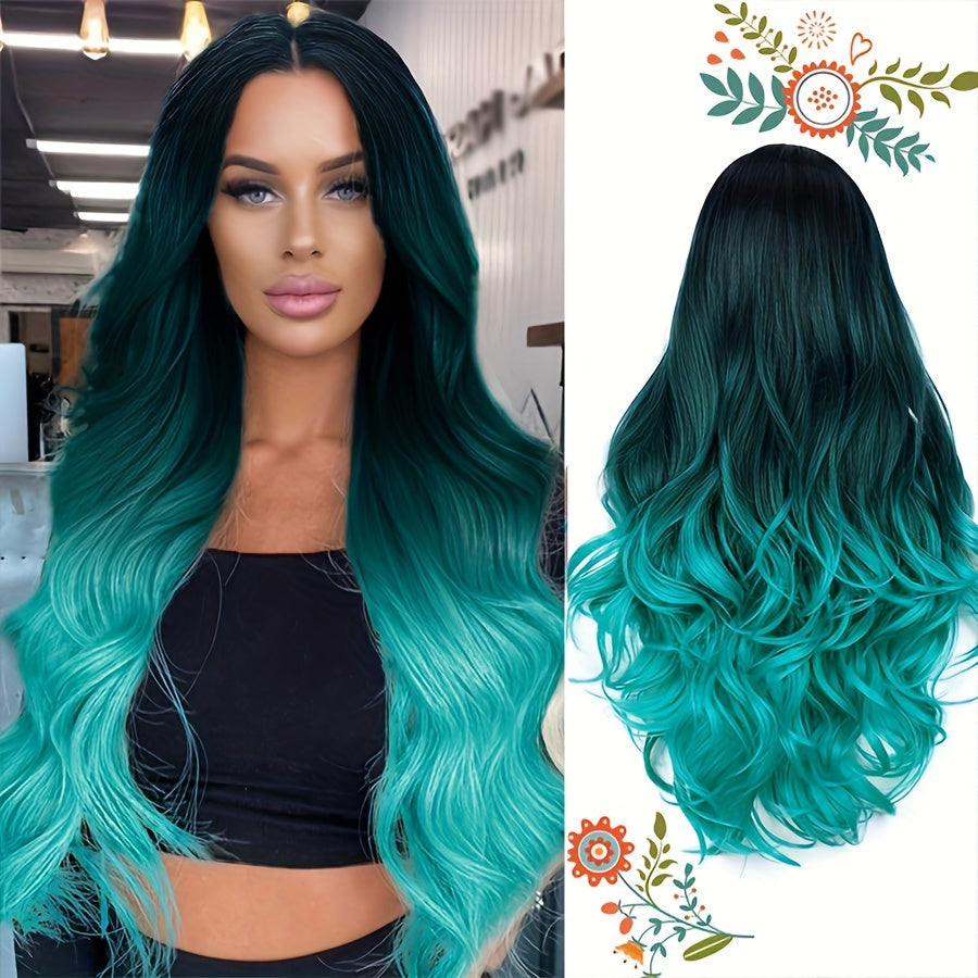 Long Wavy Wig Ombre Bluish Green Wigs Long Curly Ombre Color Hair Wigs Middle Part Synthetic Mermaid Green Wigs For Women Daily Party Cosplay